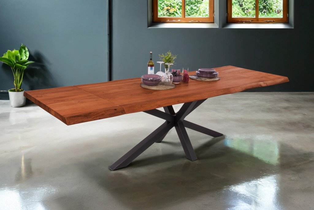 Esstisch Baumkante Akazie nuss 220 (320) x 100 Spider-Gestell schwarz mit Ansteckplatten CALI