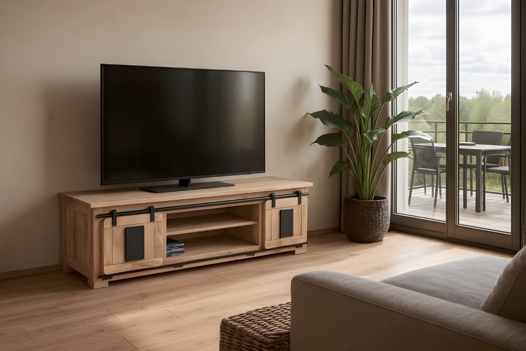 Lowboard Kommode TV-Board mit Schiebetüren & 6 Fächern Akazie massiv natur 180 x 55 x 50 cm LIBRO
