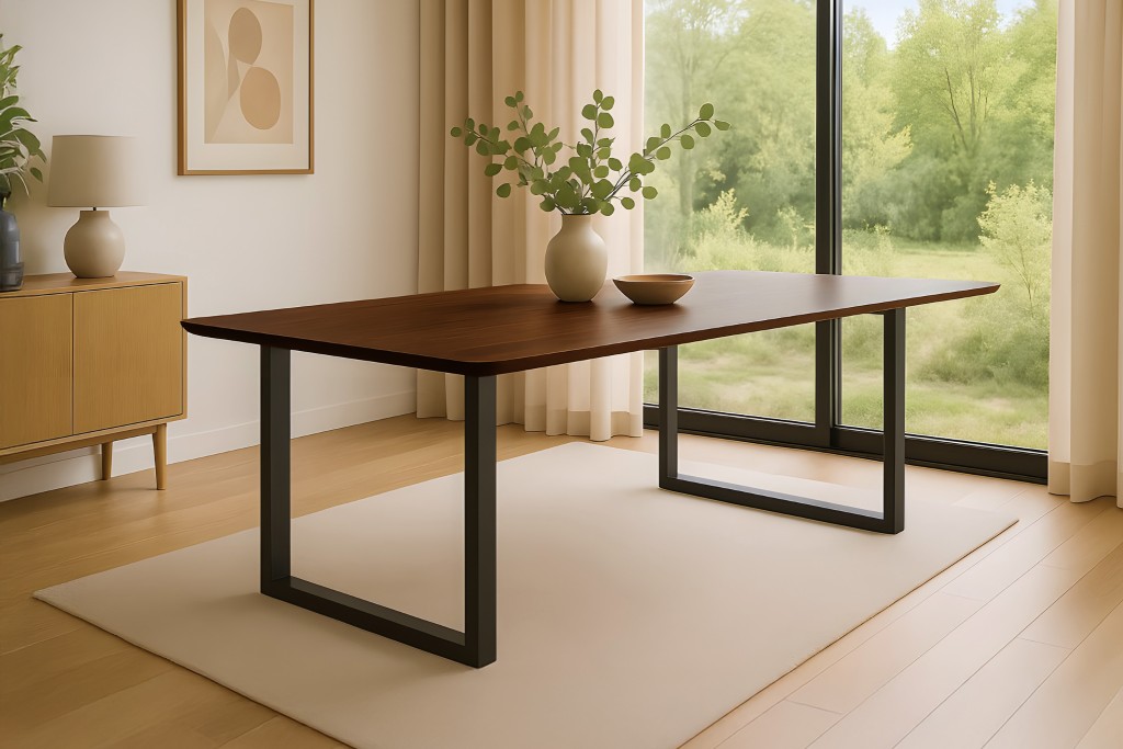 Esstisch 240 x 100 cm Akazie massiv kastanienfarben Schweizer Kante U-Gestell schwarz ROBERTO
