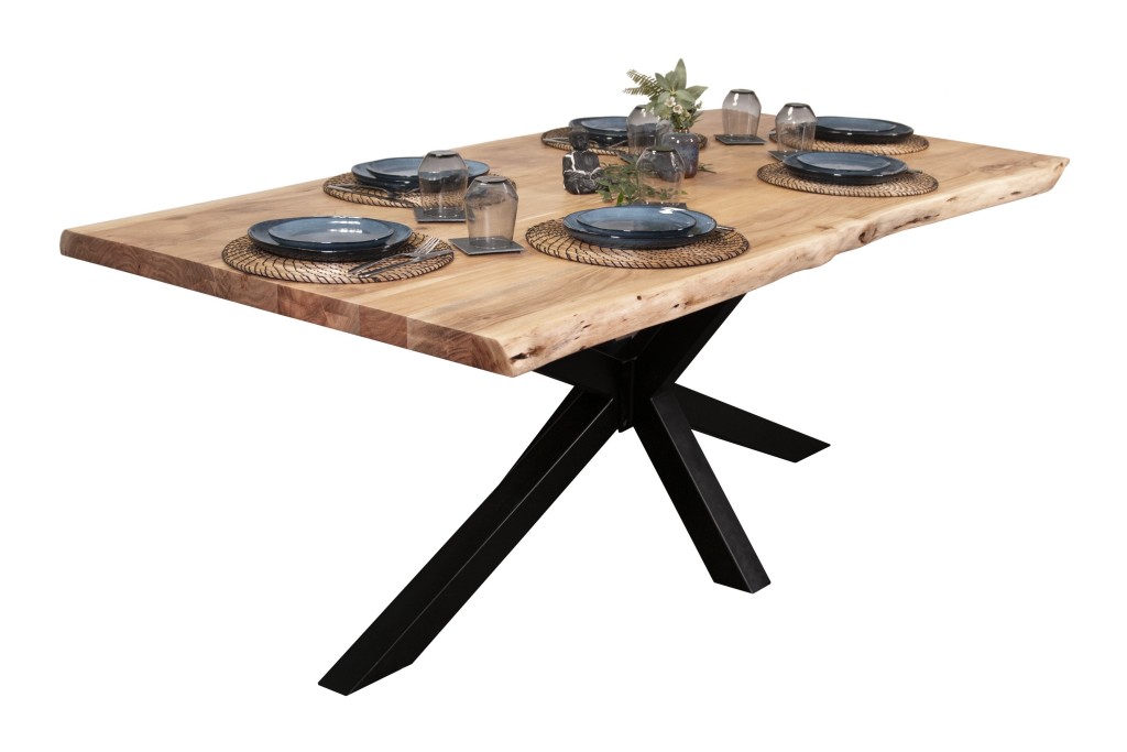 Esstisch Baumkante massiv Akazie Natur 220 x 110 Spider-Gestell schwarz CALI