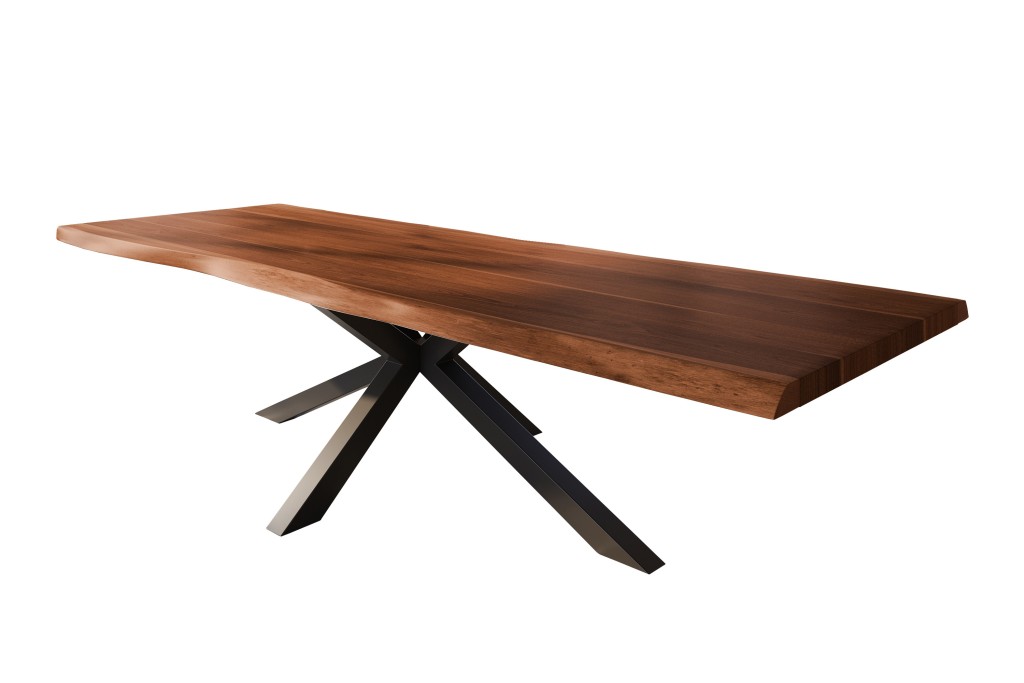 Esstisch Baumkante massiv Akazie nussbaumfarben 400 x 120 Spider-Gestell Metall schwarz TITAN