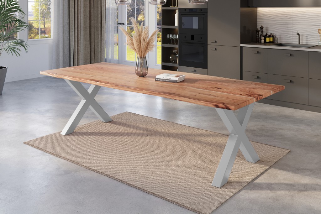 Esstisch Baumkante massiv Akazie natur 260 x 100 silber X-Gestell NICK
