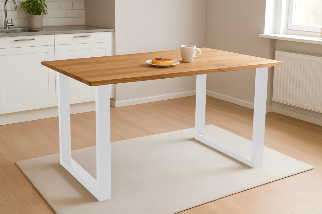 Esstisch Baumkante massiv Eiche geölt 160 x 85 cm U-Gestell weiß SALVADOR