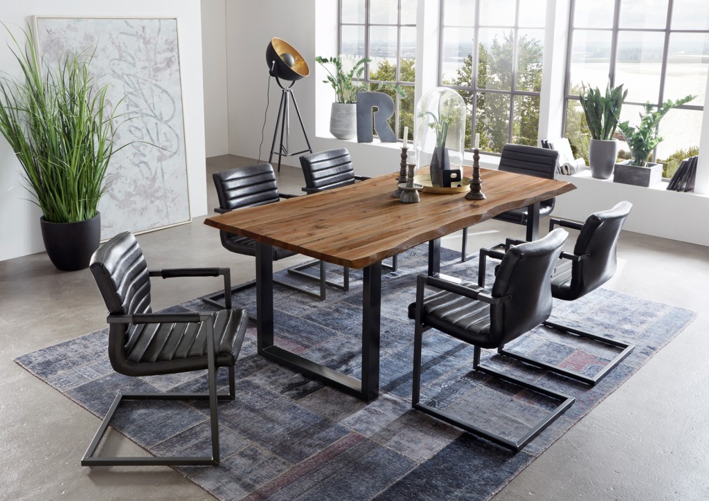 7tlg Tischgruppe, Tisch Noah 200 x 100 cm massive Akazie naturfarben, 6 Schwingstühle