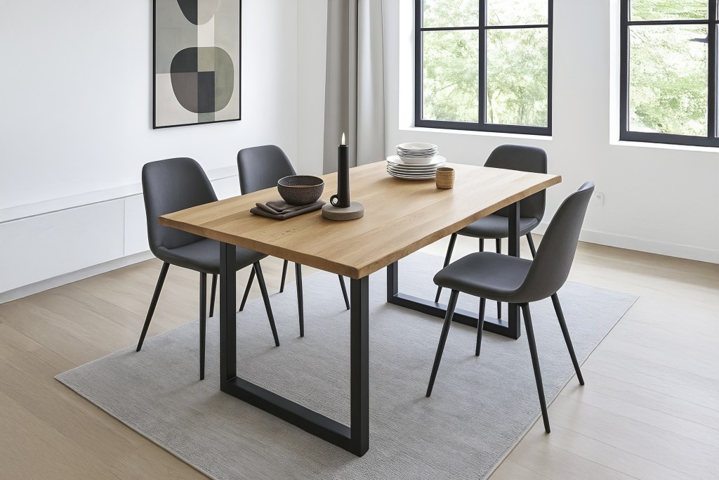 Esstisch Baumkante massiv Eiche geölt 140 x 80 cm Spider-Gestell schwarz SALVADOR