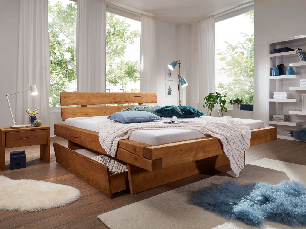 Balkenbett Massivholzbett 140x200 cm mit 2 Bettkästen Fichte honigfarben BENNET