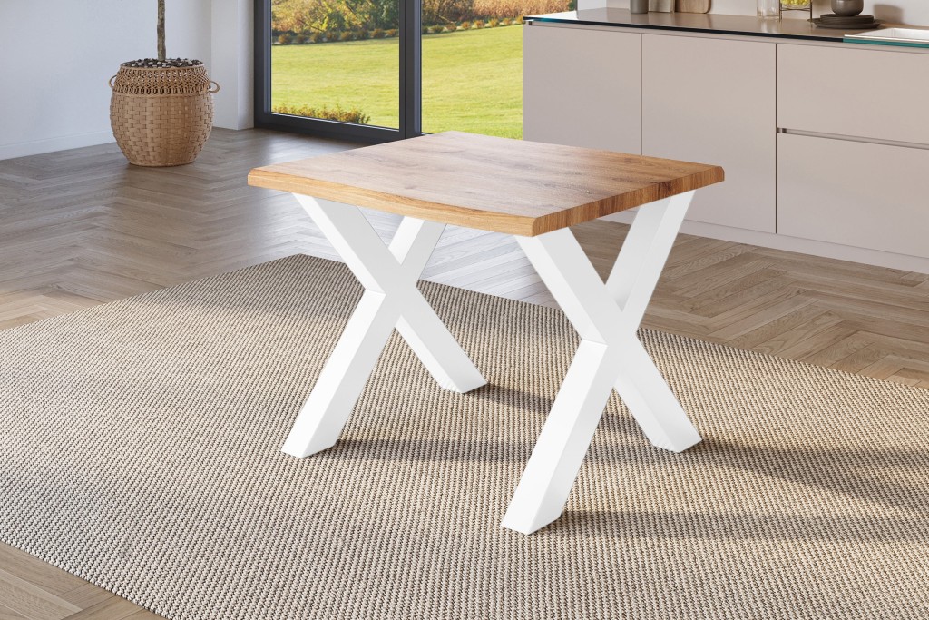 Esstisch Baumkante Holz-Optik Wildeiche 80 x 80 X-Gestell weiß JULIUS