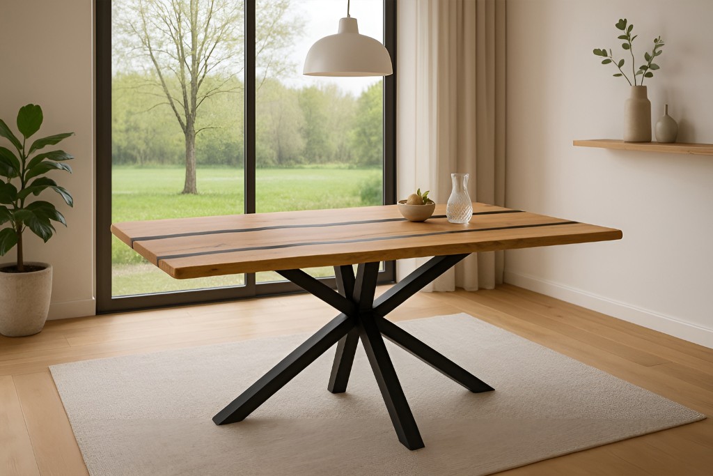 Esstisch 140 x 80 cm Akazie massiv natur mit schwarzen Resin-Adern Spider-Gestell schwarz PETER