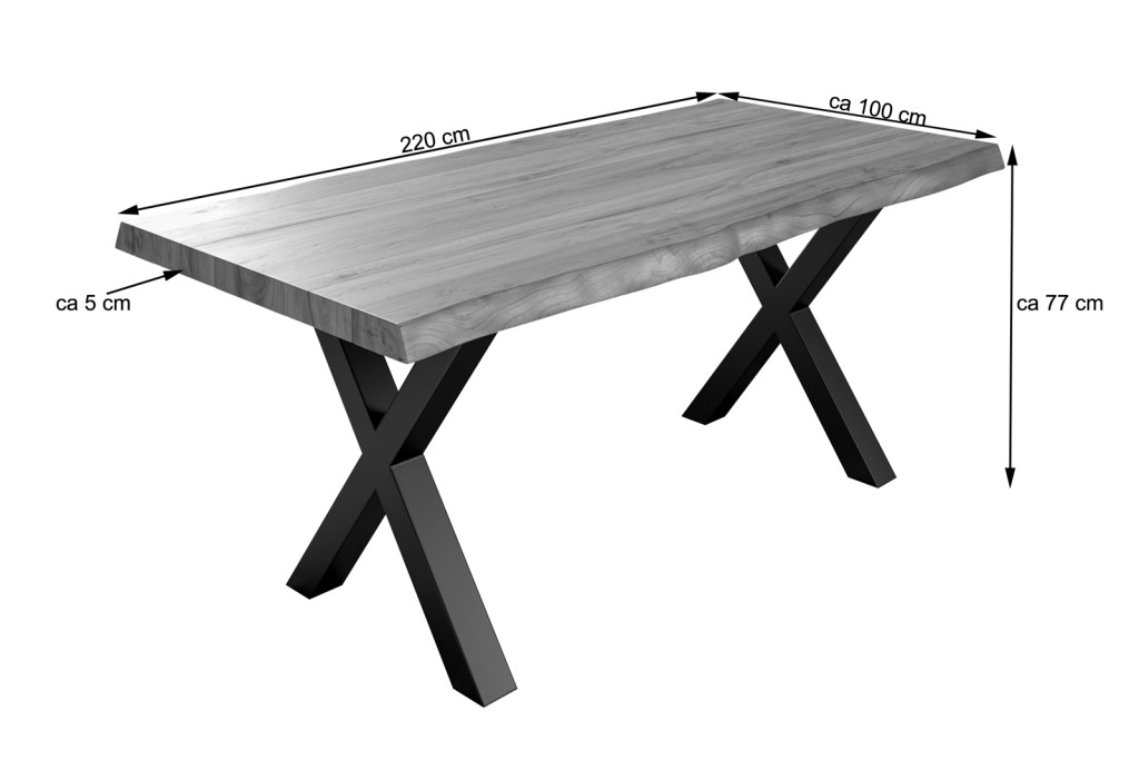 Esstisch Baumkante massiv Akazie natur 220 x 100 schwarz X-Gestell XEREZ