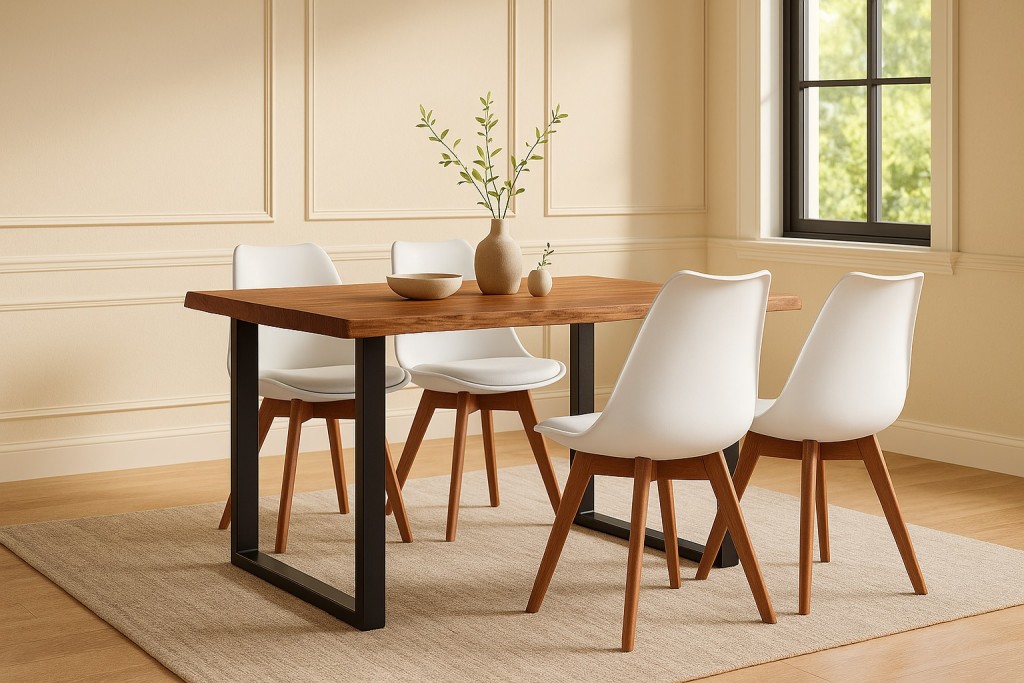 Essgruppe Baumkante massiv 120 x 80 Holz-Optik Nussbaum U-Gestell schwarz & 4 Stühle weiß JOSY