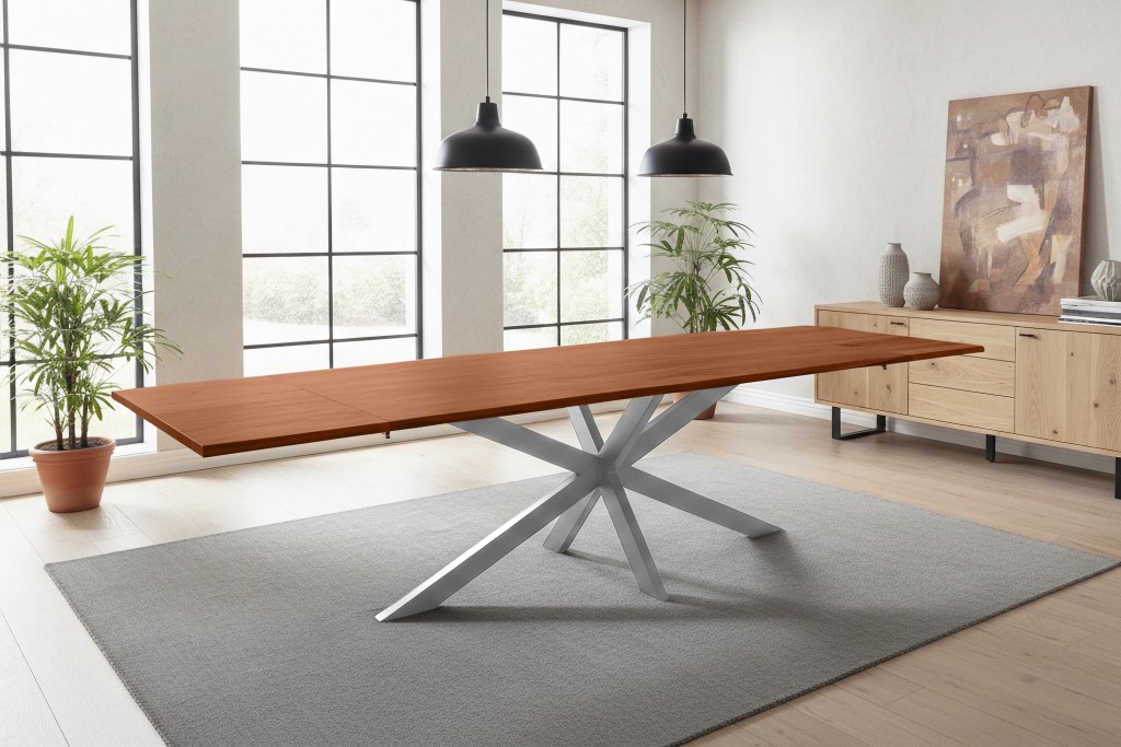 Esstisch Baumkante Akazie nuss 220(320)x100 Ansteckplatten Spider-Gestell silber AVINO