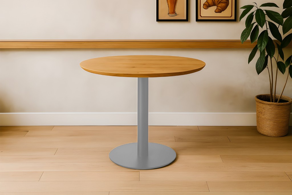 Bistrotisch Schweizer Kante massiv 80 cm Akazie naturfarben Säulengestell-rund silber BRASILIAN