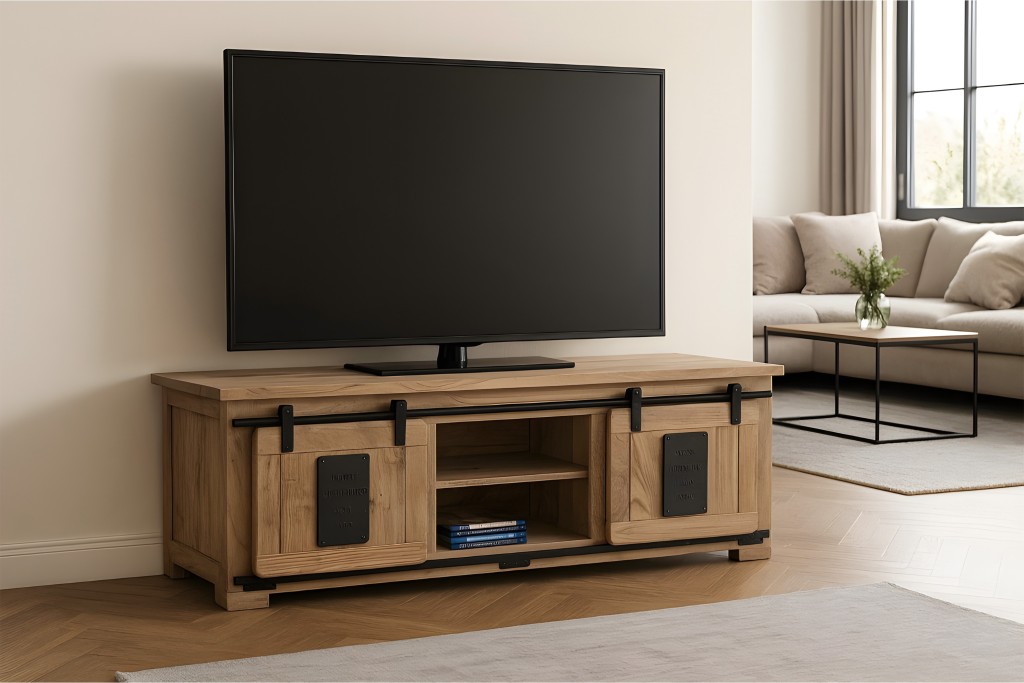 Lowboard Kommode TV-Board mit Schiebetüren & 6 Fächern Akazie massiv natur 145 x 45 x 50 cm LIBRO