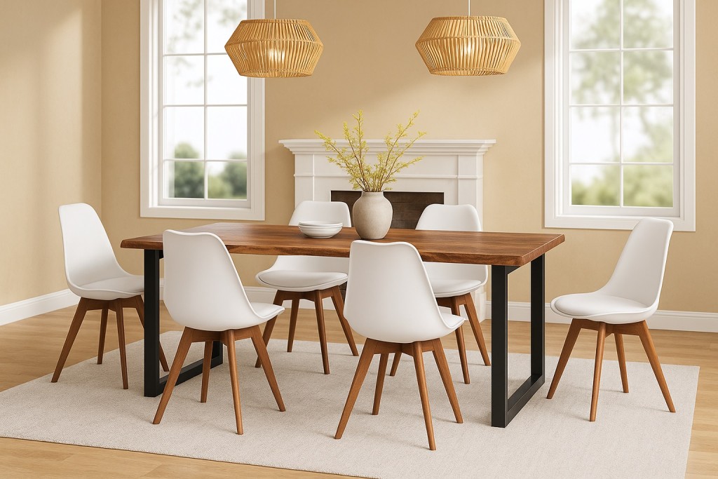 Essgruppe Baumkante massiv 200 x 100 cm Holz-Optik Nussbaum U-Gestell schwarz & 6 Stühle weiß JOSY