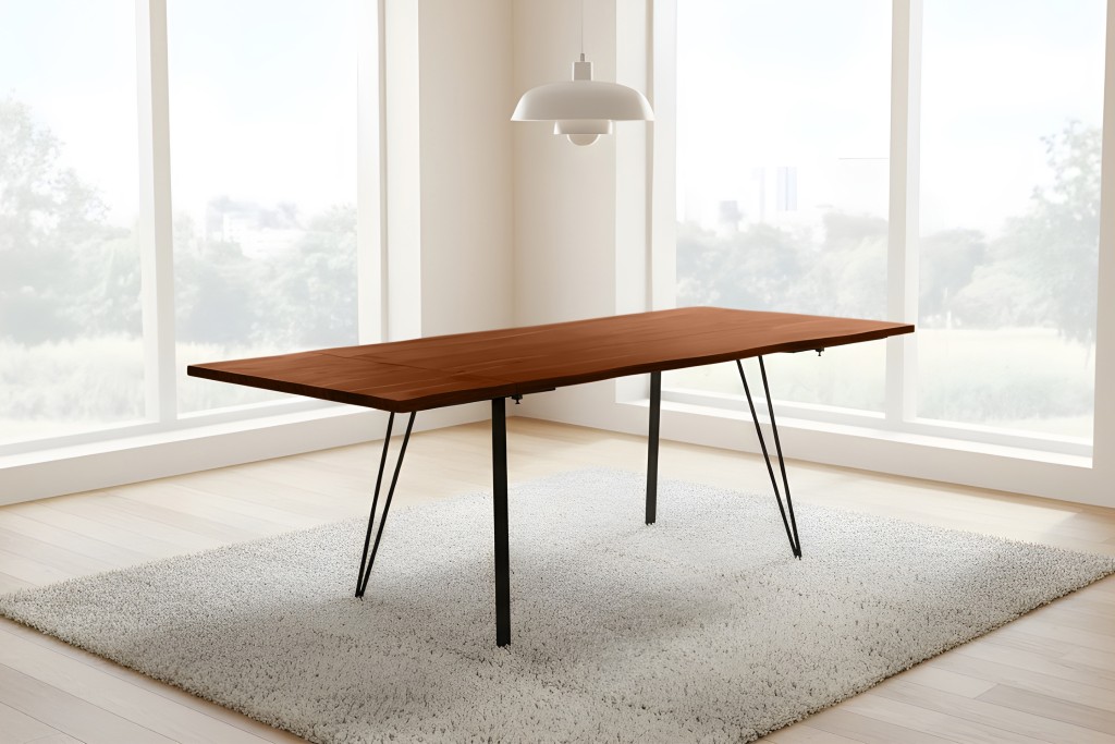 Esstisch Baumkante Akazie nuss 120(200)x90 Ansteckplatten Vierfuß-Gestell schwarz AVINO