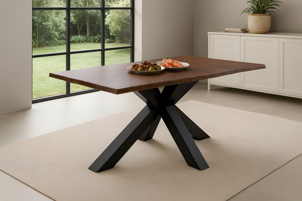 Esstisch Baumkante massiv Akazie kastanienfarben 140 x 80 cm Spider-Gestell schwarz Roxana