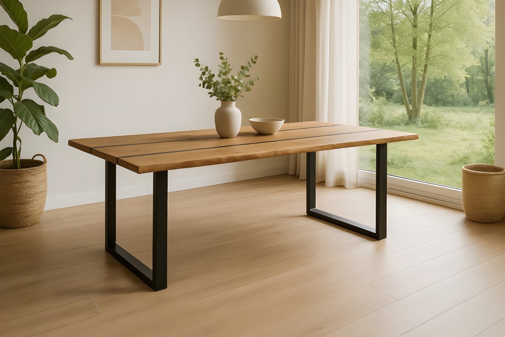 Esstisch 200 x 100 cm Akazie massiv natur mit schwarzen Resin-Adern U-Gestell schwarz PETER