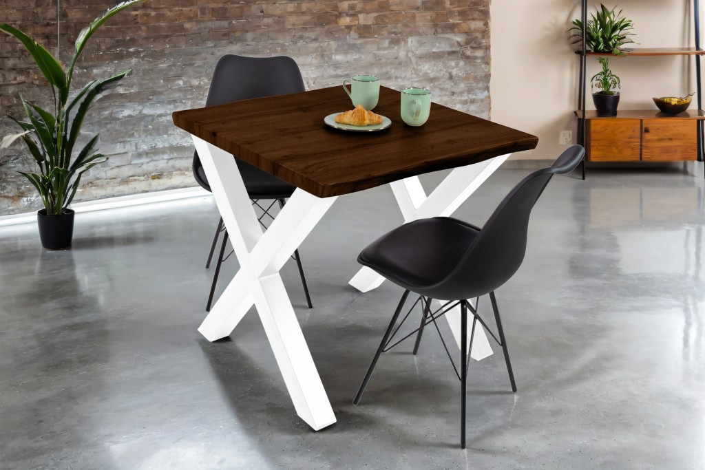 Esstisch Baumkante Holz-Optik Nussbaum 80 x 80 X-Gestell weiß JOSY