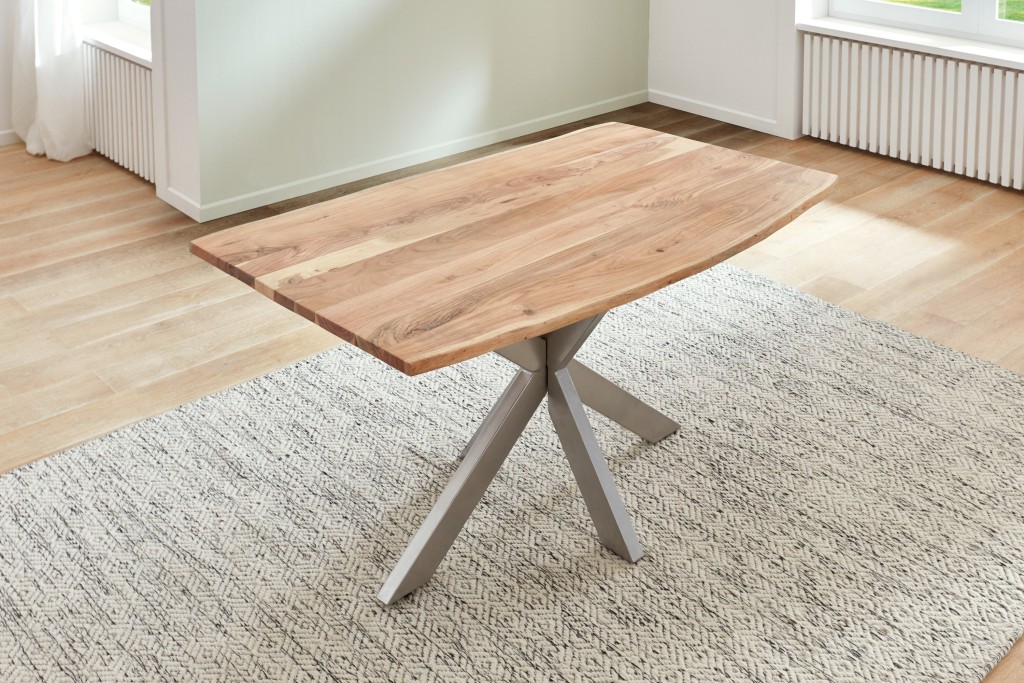 Esstisch Baumkante massiv Akazie natur 200x100 cm Spider-Gestell silber Kalea
