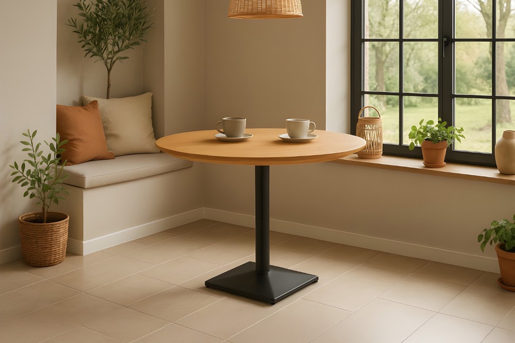 Bistrotisch Schweizer Kante massiv Eiche geölt 90 cm Säulengestell-eckig schwarz BRASILIA