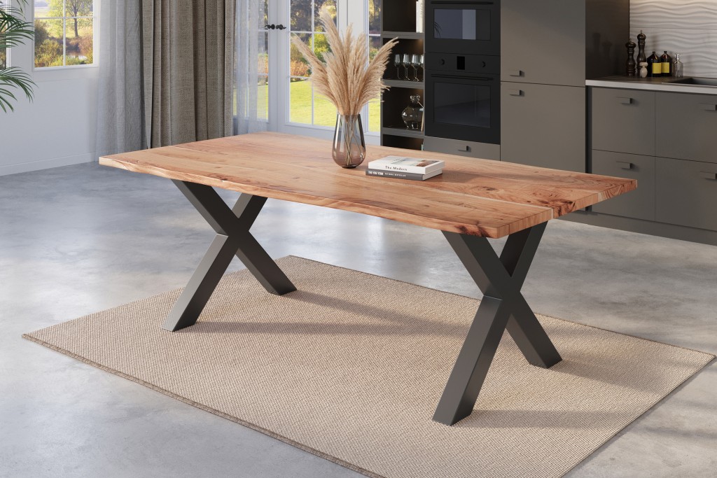 Esstisch Baumkante massiv Akazie natur 180 x 90 schwarz X-Gestell NICK