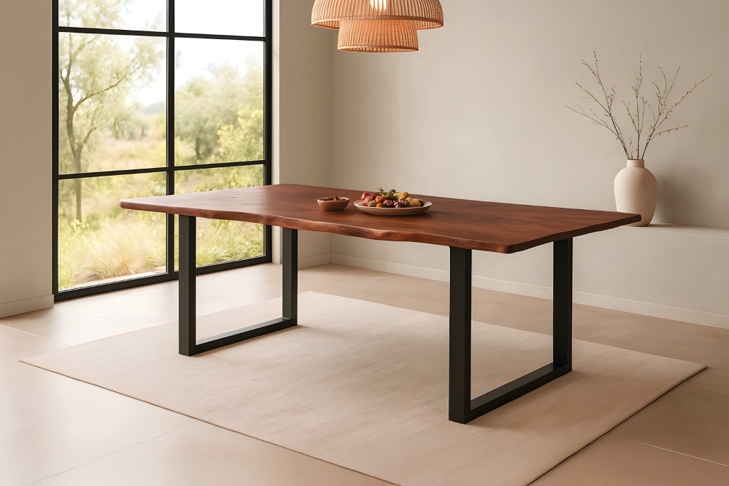 Esstisch Baumkante massiv Akazie kastanienfarben 200 x 100 cm U-Gestell schwarz Roxana