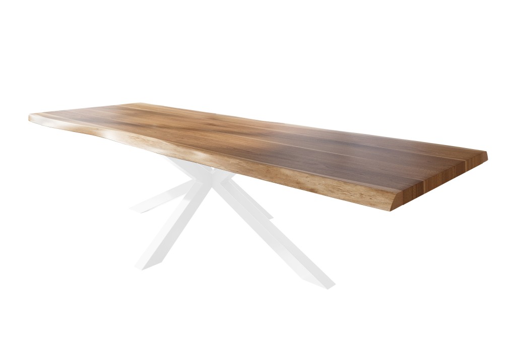 Esstisch Baumkante massiv Akazie natur 350 x 120 Spider-Gestell Metall weiß TITAN